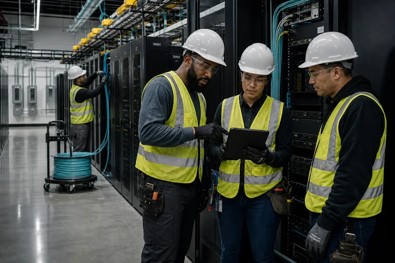 Data center crew coordinating installation beside server cabinets