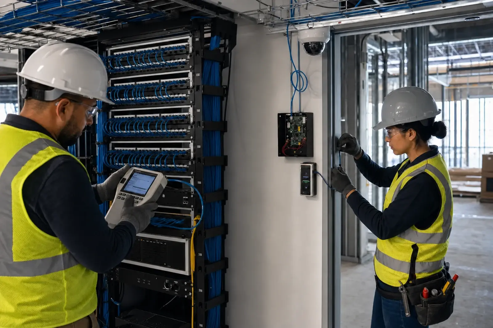 Low-voltage technicians certifying structured cabling and access control